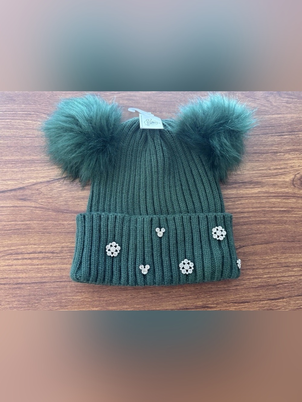 Disney Parks Mickey Minnie Green Faux Fur Double Pom Rhinestone Beanie Adult